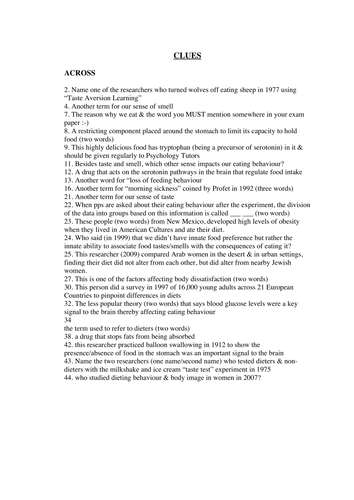 A2 Psych (AQA) Crossword for Eating Behaviour