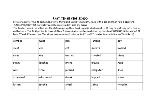 PAST TENSE VERB BINGO Grammar KS2