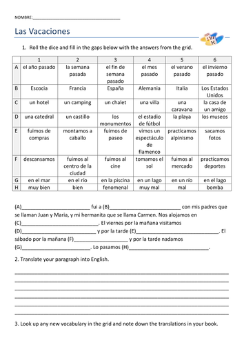 Spanish: Holidays - Dice gap fill