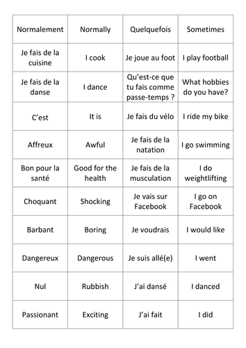 French: Free Time Vocabulary Cards