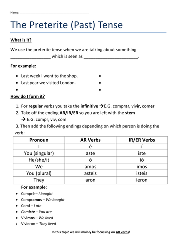 Spanish Preterite Worksheet Teaching Resources