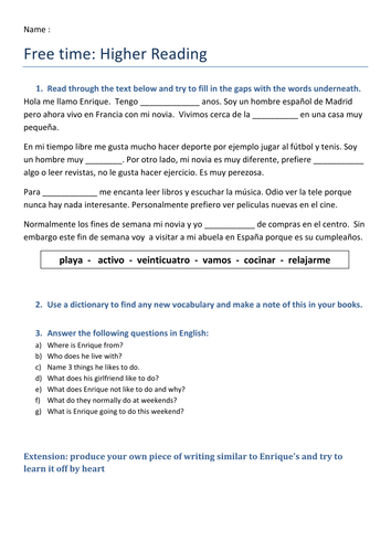 Spanish: Free time - Reading Worksheets