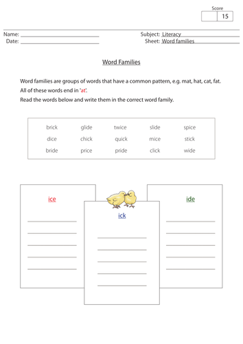 Word families - 'ice', 'ick' and 'ide' | Teaching Resources