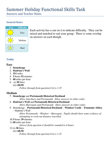 Summer Holiday Maths Functional skills Task