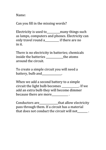 Fill the blanks about circuits and electricity