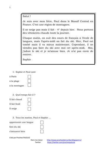 French hobbies and sports comprehension (GCSE, IGCSE)