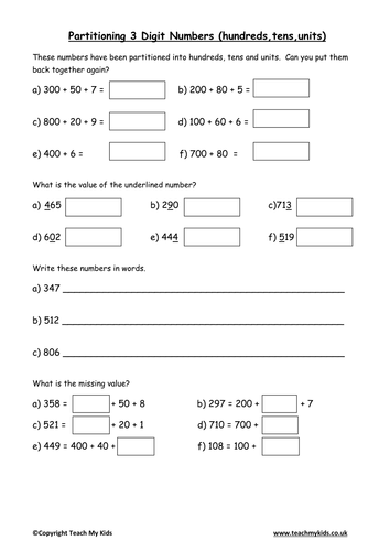 partitioning 3 digit numbers hundreds tens units teaching resources