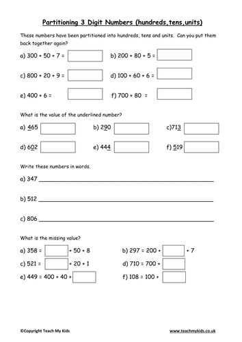 Partitioning 3 Digit Numbers (hundreds,tens,units)