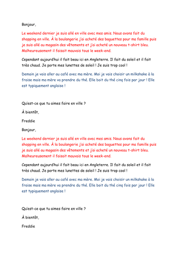 French example writing on 'In town' topic | Teaching Resources