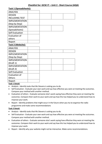 GCSE IT - Short Course Tick Sheet