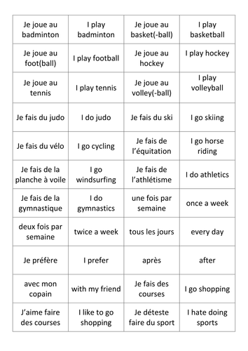 french sports vocabulary cards by dannielle89 teaching resources tes