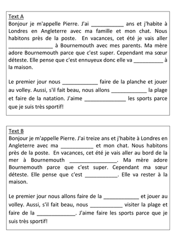 KS3 French: Holidays - Paired Reading
