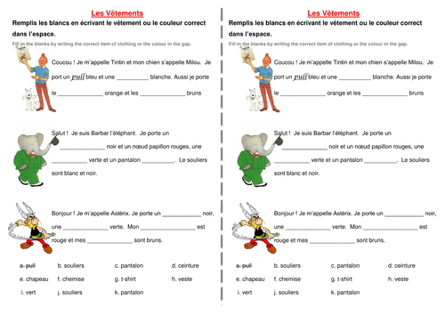 French Clothing: Children's characters gap fill