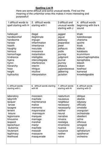 Big Spellings List Q And R Very Hard Spellings By Ellieteacher 