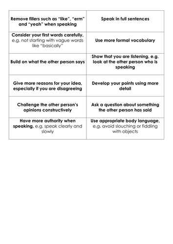 Speaking and listening challenge cards