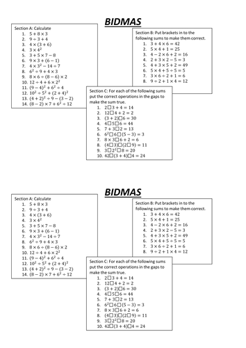 bidmas worksheet teaching resources