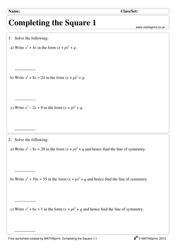 Complete the square worksheet