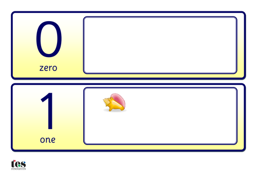 Number cards, 0-10, with shells to count