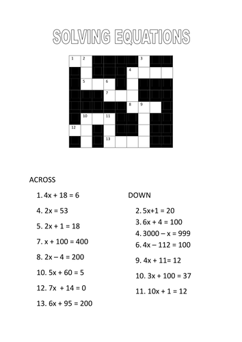 on worksheet printable integers Solving dmarshall1988 Crossnumber  by Equations Teaching