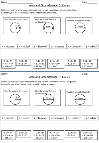 Area & Circumference of Circles Match-Up