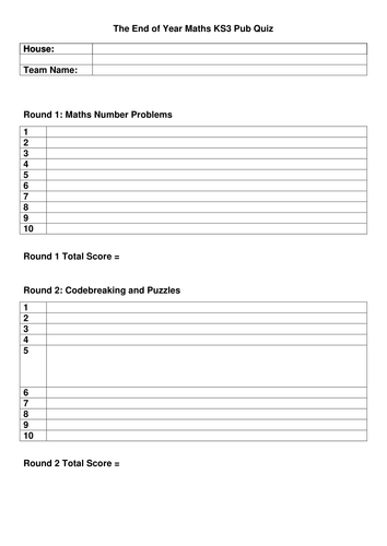 Large End of Term Fun Maths KS3 Pub Quiz