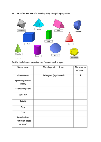 3D Shape Properties Worksheet