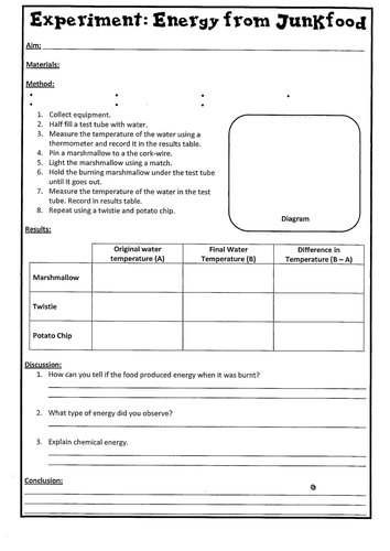 energy practicals and starter worksheet teaching resources