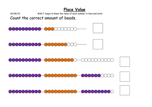 Tens and Units worksheets using beaded string