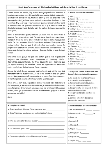 KS3 holidays - a reading comprehension | Teaching Resources