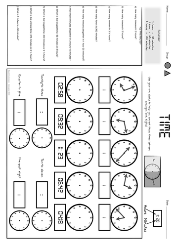 Time - analogue, digital, words, + problems