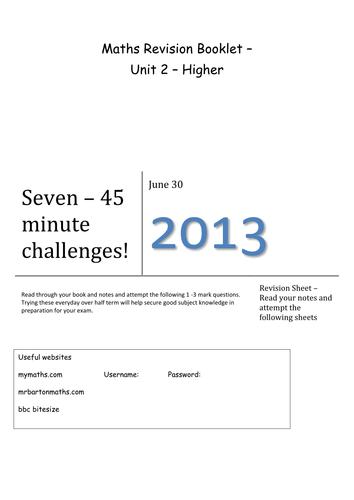 AQA Unit 2 Higher: 7 Revision Worksheets (Maths)