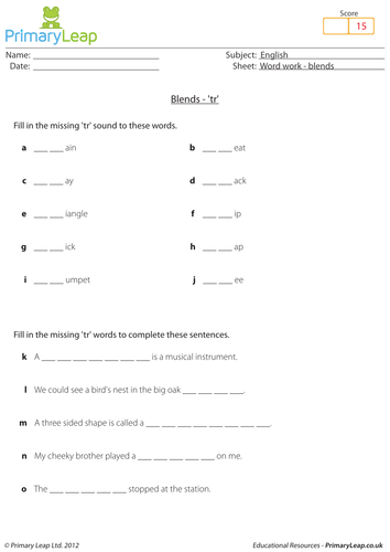 Word work: Blends 'tr' - KS1 English resource