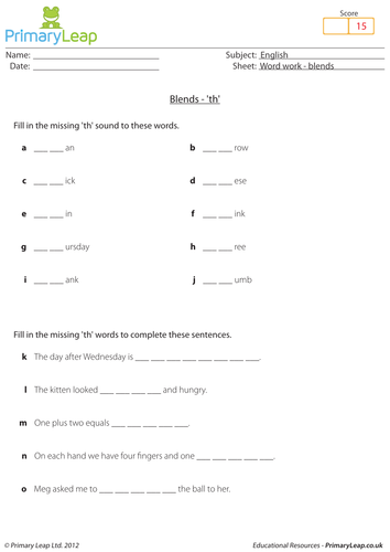 Word work: Blends 'th' - KS1 English resource