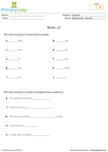Word work: Blends 'st' - KS1 English resource