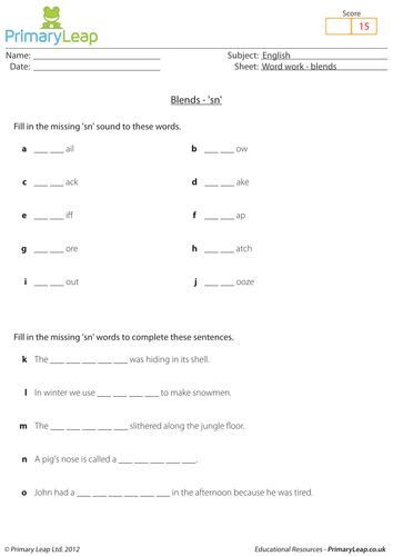 Word work: Blends 'sn' - KS1 English resource