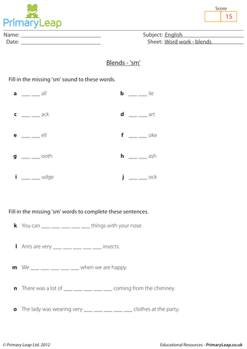 Word work: Blends 'sm' - KS1 English resource
