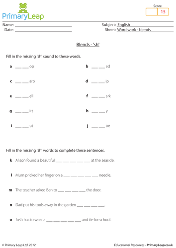 Word work: Blends 'sh' - KS1 English resource