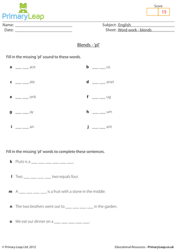 Word work: Blends 'pl' - KS1 English resource