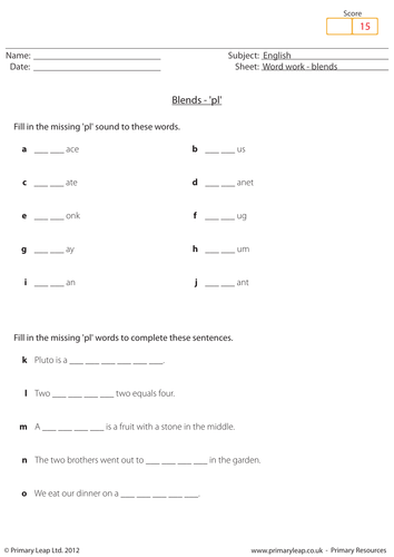 Word work: Blends 'pl' - KS1 English resource