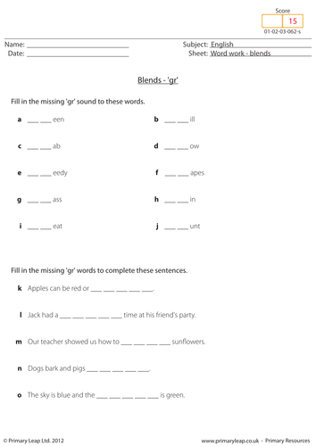 Word work: Blends 'gr' - KS1 English resource