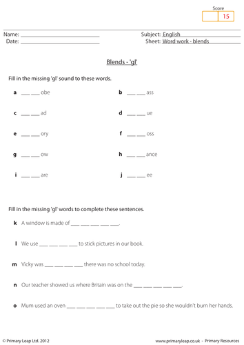 Word work: Blends 'gl' - KS1 English resource