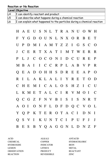 Chemical Reactions Outcome & Starter Sheet