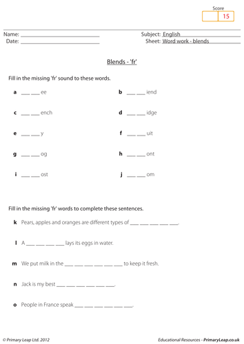 Word work: Blends 'fr' - KS1 English resource