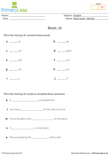 Word work: Blends 'dr' - KS1 English resource | Teaching Resources