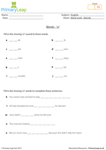 Word work: Blends 'cr' - KS1 English resource