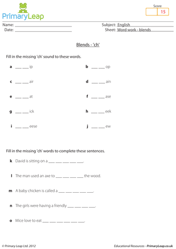 Word work: Blends 'ch' - KS1 English resource