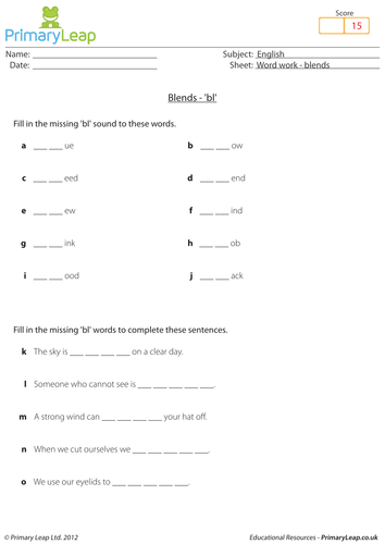 Word work: Blends 'bl' - KS1 English resource