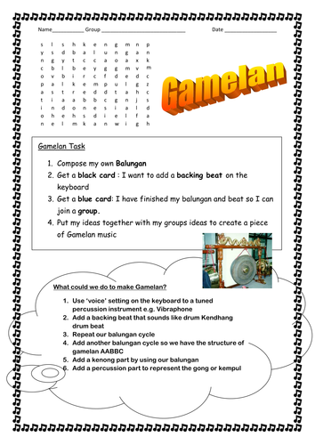 Gamelan worksheets and activity