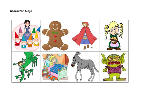 Traditional tales characters pictorial bingo game