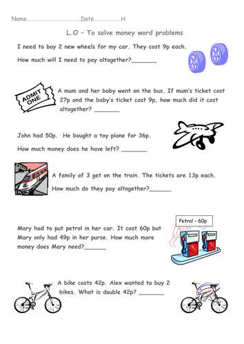 Year 1 Money Word Problems (Transport Theme) | Teaching Resources